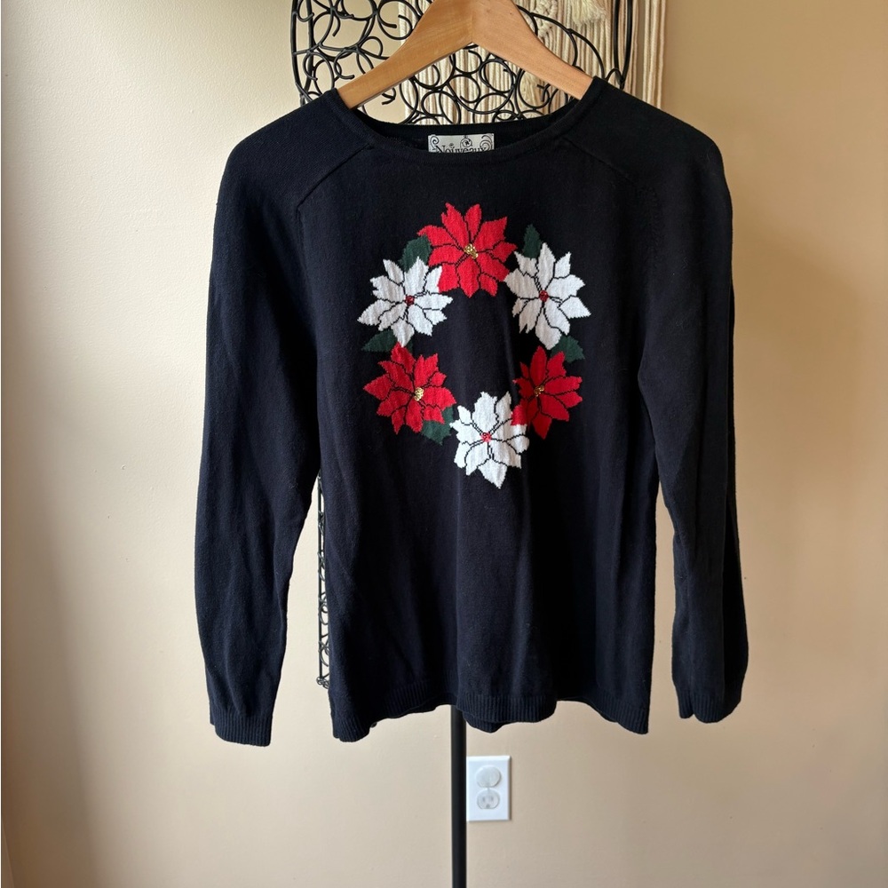 Festive Holiday Poinsettia Wreath 100% Cotton Ultra Soft Crewneck Sweater